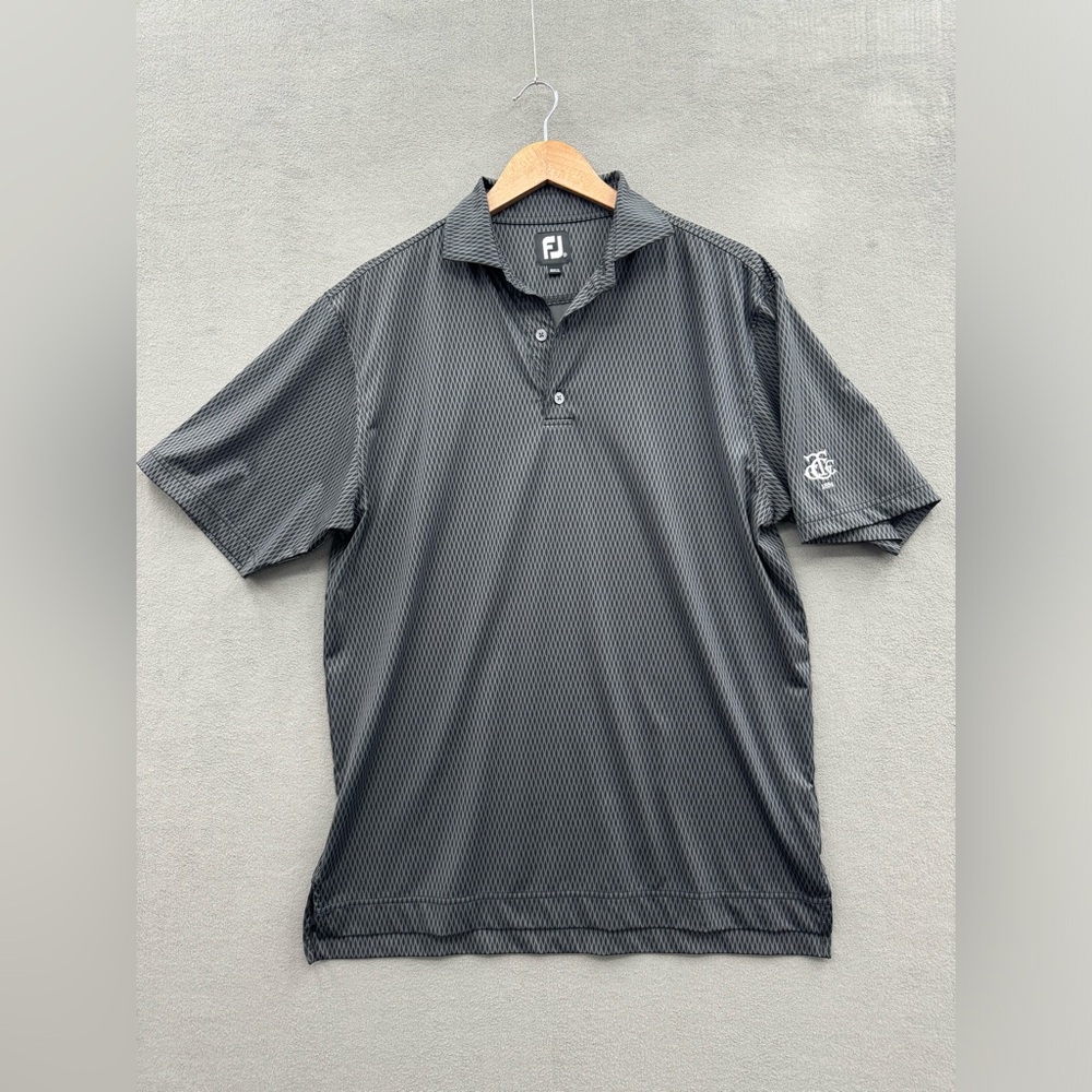 FJ FootJoy Mens Medium Golf Polo Shirt Short Sleeve Black Gray Logo on Sleeve